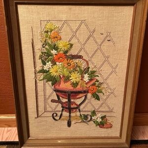Beautiful handmade embroidered floral and teapot picture framed.